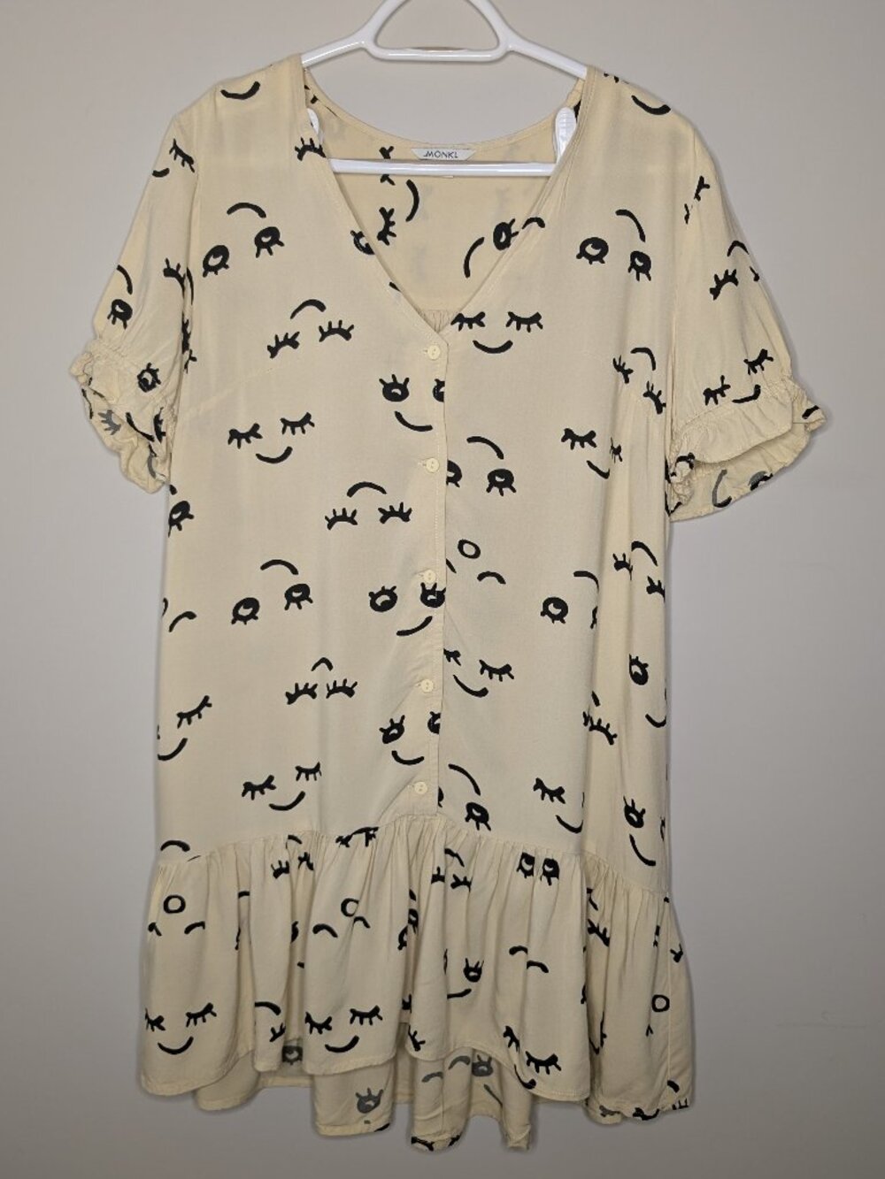 Monkl TopShop Pastel Yellow / Cream Smiley Face Drop Waist Ruffled Dress Size S